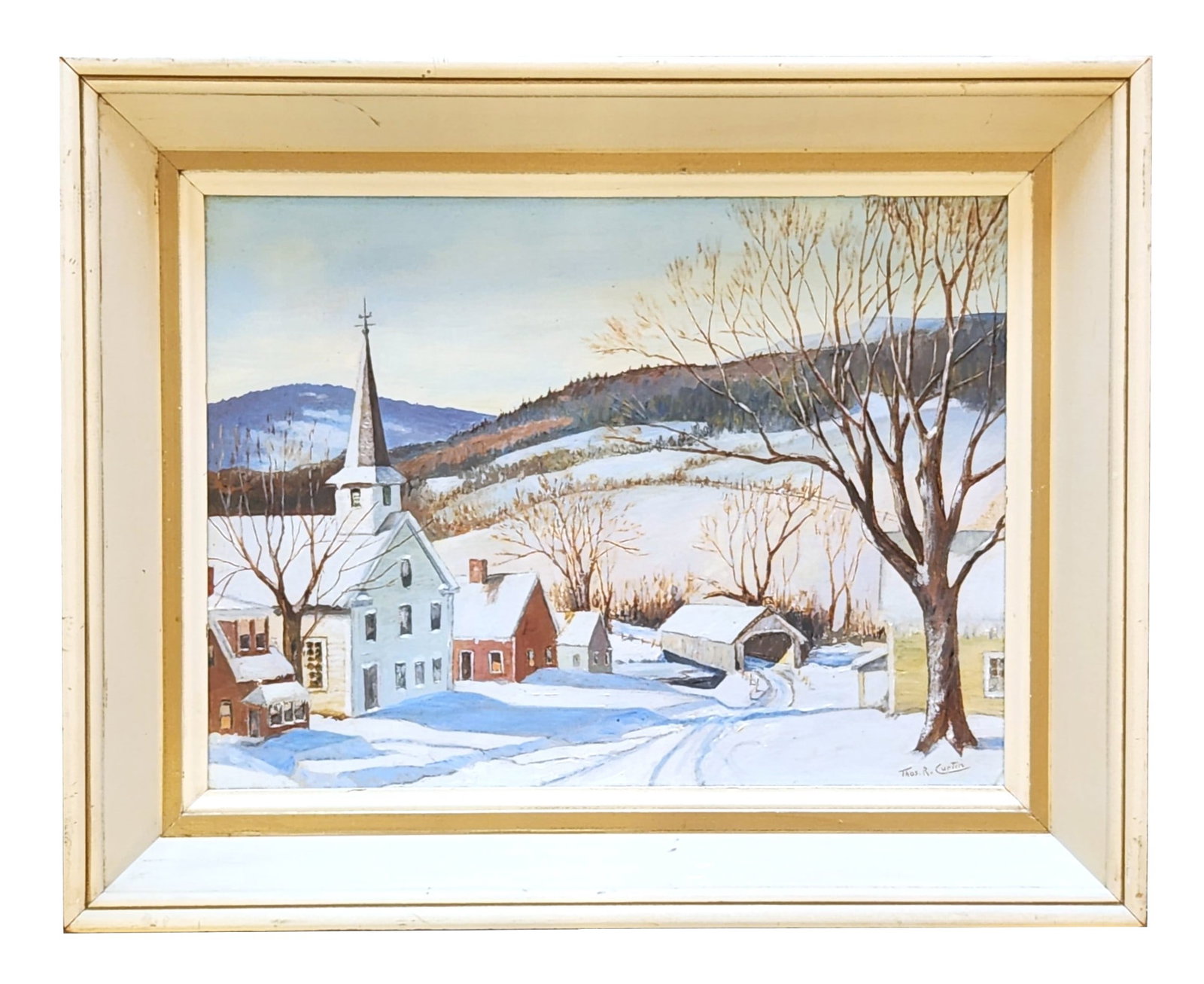 Thomas R. Curtin (1899 - 1977) American: Thomas R. Curtin (1899 - 1977) American Oil on Canvas on Cardboard Measure 12"in H x 15 3/4"in W and 16 1/4"in H x 20 1/4"in W x 2"in D framed Known for: Landscape-snow and coastal view painting