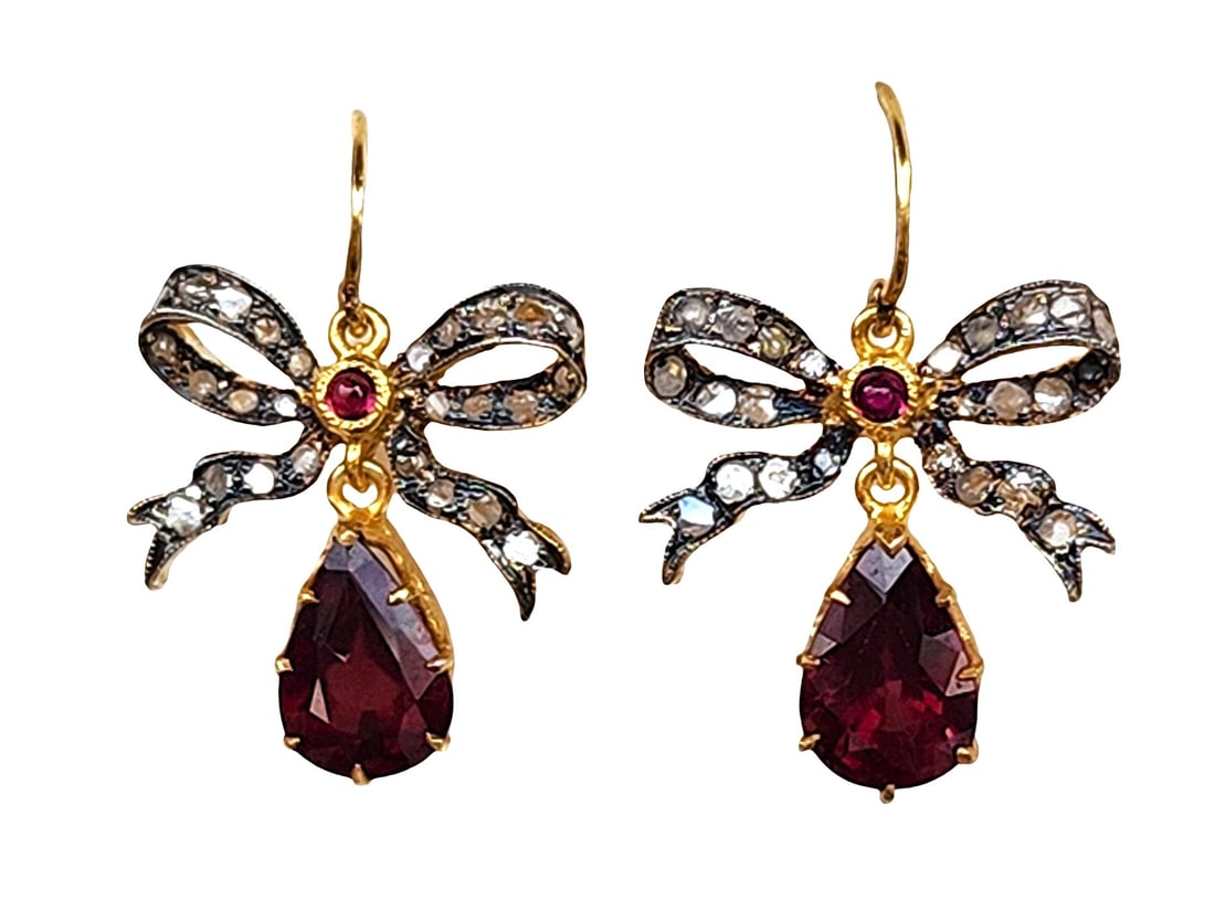Silver Gilt Earrings with Rhodolite Garnet, Ruby, and Rose-Cut Diamonds (1 of 3)