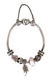 Pandora Sterling Silver Bracelet with Heart Clasp and 7 Charms