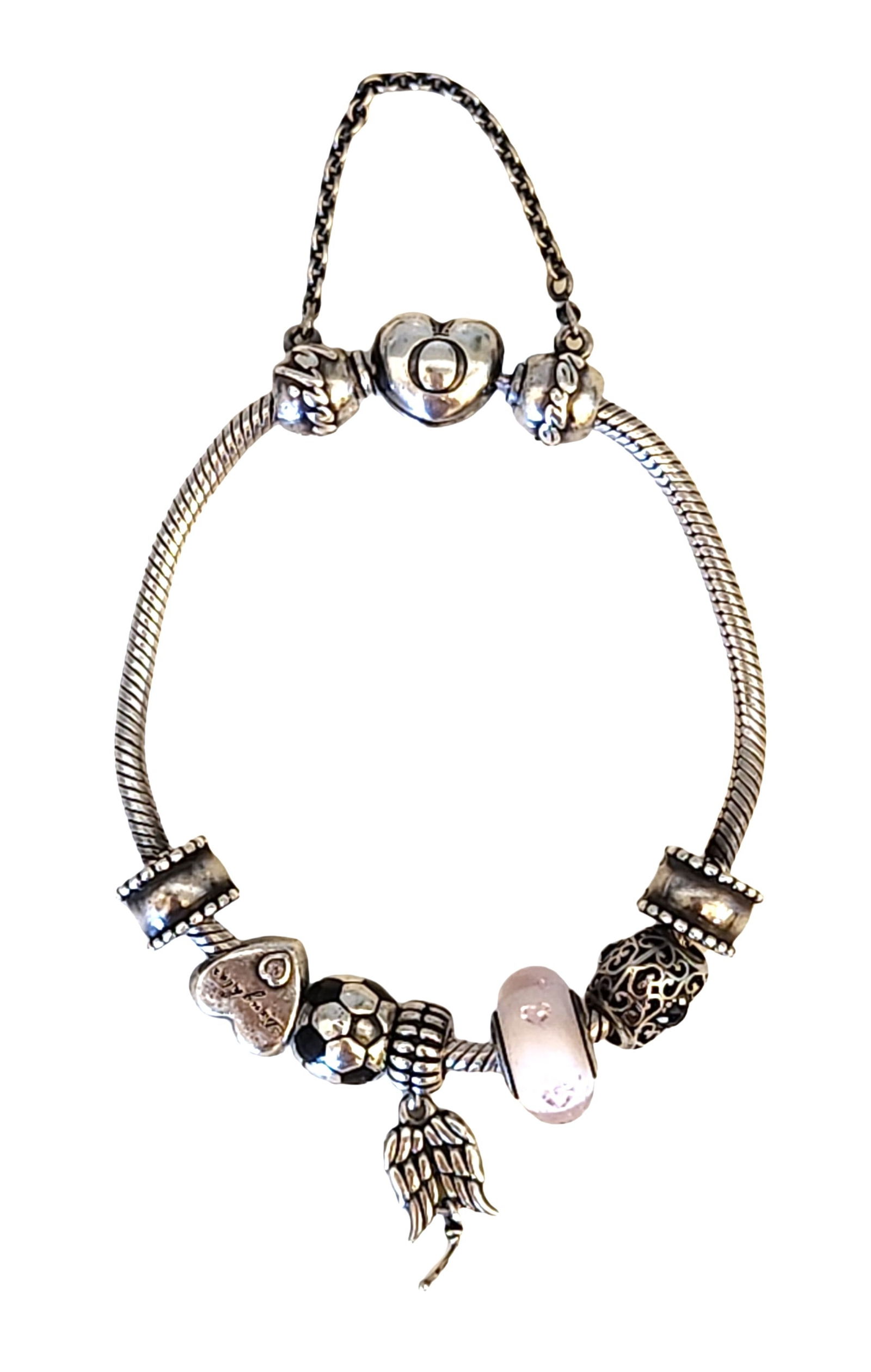 Pandora Sterling Silver Bracelet with Heart Clasp and 7 Charms (1 of 5)