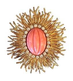 Joan Rivers Gold-Tone Brooch with Coral Glass Cabochon and Crystals