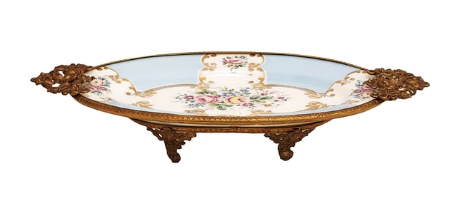 Limoges Porcelain Oval Centerpiece with Gilt Bronze Mounts, Hand-Painted Floral Design