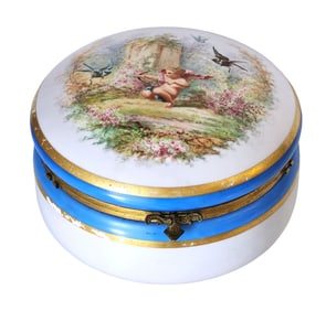 Antique French Opaline Glass Dresser Box with Hand-Painted Cherub & Birds – Ormolu Mounts