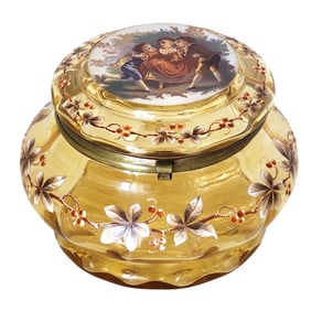 Antique Amber Glass Enameled Dresser Box with Romantic Scene & Gilded Floral Design