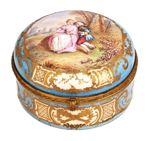French Sevres Porcelain Covered Box, Hand-Painted Romantic Scene Signed Neuville, 19th Century