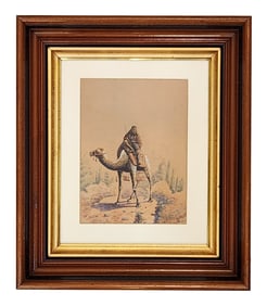 Orientalist Watercolor Painting of a Camel Rider – Framed Antique Style