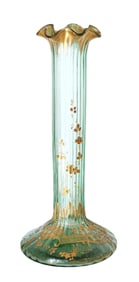 Antique Art Nouveau Green Glass Vase with Gilded Floral Decoration
