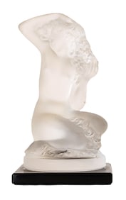 Signed Lalique France Frosted Crystal Nude Figure Sculpture with Black Base