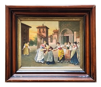 Vintage Italian Village Dance Scene Oil Painting in Ornate Wood Frame