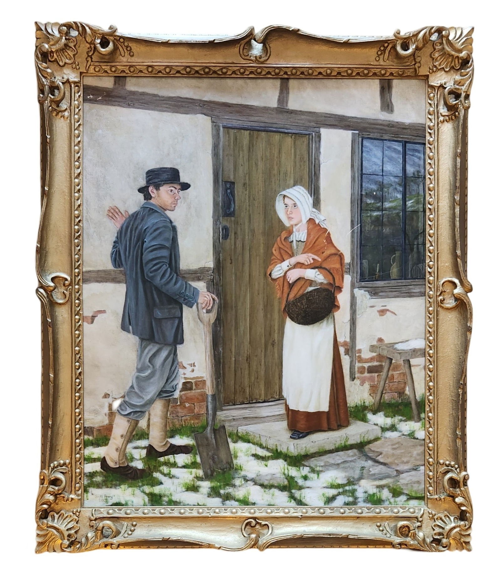 A Courtship Young Man and Girl Possible British School Painting by Scott Peery: A Courtship Young Man and Girl Possible British School Painting by Scott Peery Oil on Canvas Dated: 2001 Mystery Artist - Unknown Measure 29 1/4"in H x 23 1/4"in W and 35"in H x 29"in W x 2 1/2"in D w