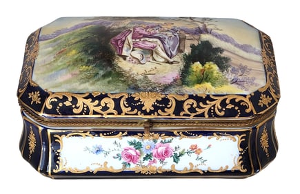 French Hand-Painted Sevres Style Porcelain Jewelry Casket Box, Signed R. Coudert