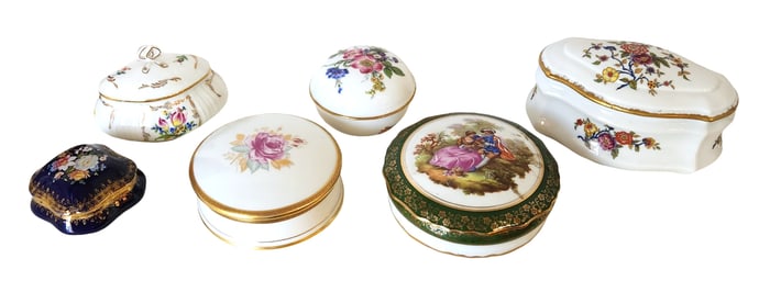 Collection of 6 Porcelain Trinket and Dresser Boxes – Limoges France, Kaiser Germany, Hungary
