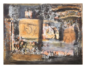 Mid-Century Abstract Oil Painting – Earth Tones & Textured Forms