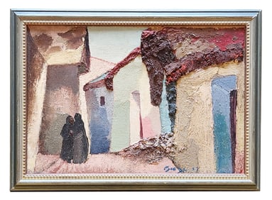 Mid-Century Textured Oil Painting of Mediterranean Village Scene, Signed and Dated 1957