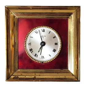 Vintage Swiza 8-Day Swiss Alarm Clock, Red Enamel & Gold Frame