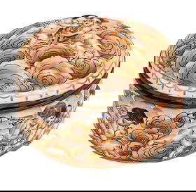 Capodimonte Hand-Painted Porcelain Box with Cherubs, Crown N Mark: Charming Capodimonte porcelain box, richly hand-painted with cherubs among swirling clouds, enhanced with gold accents. The round form is mounted with a hinged metal rim. Marked on the underside with