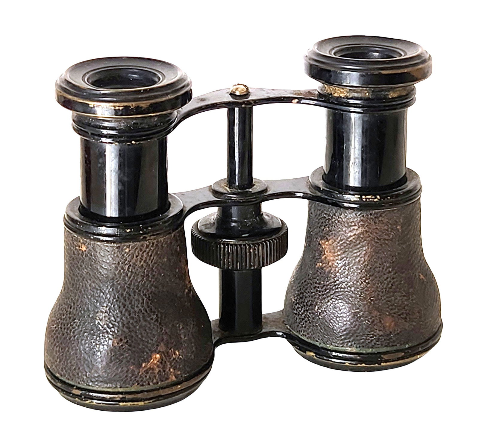 Antique PHOS Paris Leather and Brass Opera Glasses: Charming antique French opera glasses marked “PHOS”, featuring a black enamel frame with central focus wheel and textured leather-wrapped barrels. Likely late 19th to early 20th century, these