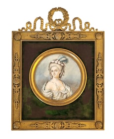 19th Century Miniature Portrait Signed E. Hariet in Gilt Bronze Frame