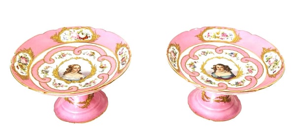 Pair of Antique French Sevres Marie Cherrie XIV Portrait Pink Gold Footed Centerpiece