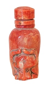 Antique Carved Red Coral Snuff Bottle with Bull Motif, Mid-20th Century