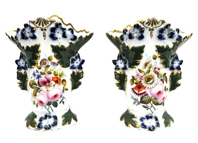 Pair of Antique English Porcelain Spill Vases with Hand-Painted Floral Decoration and Gilt Accents