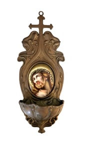 French Holy Water Font with Religious Porcelain Plaque