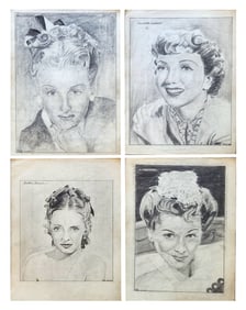 Set of Four Vintage Graphite Portrait Drawings