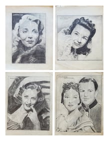 Set of Four Vintage Graphite Portrait Drawings