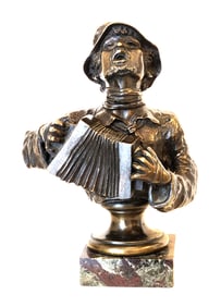 Antique Bronze Bust Musician Accordion in Marble Vase