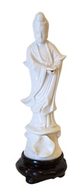Vintage Blanc de Chine Porcelain Guanyin Statue on Wooden Stand