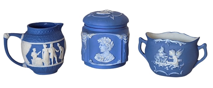 Group of 3 Blue Jasperware-Style Relief Vessels, Including Jug, Lidded Jar & Creamer