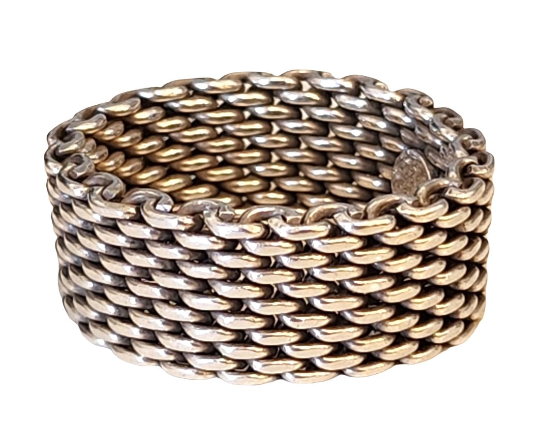 Tiffany & Co. 925 Sterling Silver Somerset Mesh Ring with Pouch (1 of 3)
