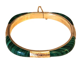 14K Gold and Malachite Hinged Bangle Bracelet