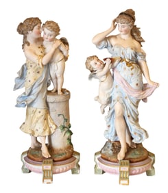Pair of Antique R. Moller Bisque Porcelain Figurines of Maidens with Cherubs, 19th Century