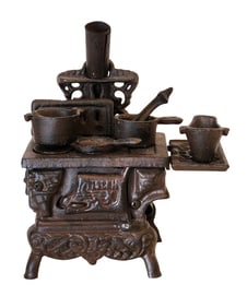 Antique Miniature Cast Iron Toy Stove with Accessories, Early 20th Century