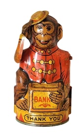 Vintage J. Chein & Co. Tin Litho Mechanical Monkey Bank, “Thank You