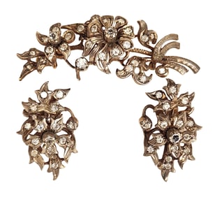 Vintage Sterling Silver Floral Brooch & Earrings Set with Rhinestones