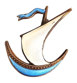 Vintage Enamel and Gilt Metal Sailboat Brooch, Mid-20th Century
