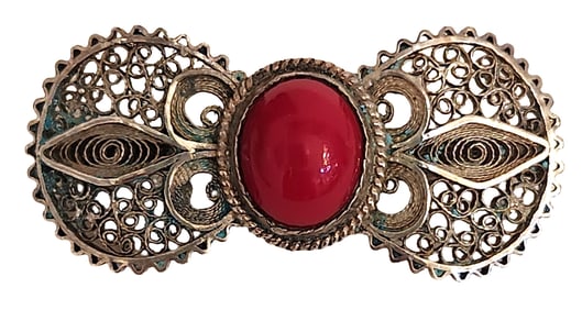 Vintage Sterling Silver Filigree Brooch with Red Cabochon