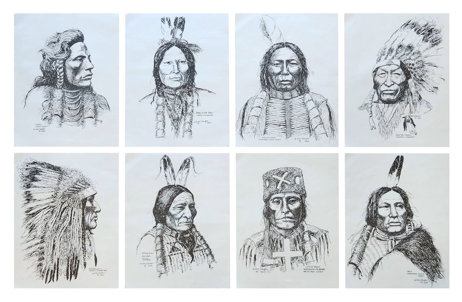 Set of Eight Portraits of Native American Chiefs by Ed Smyth (1916–1996) American: Powerful collection of eight pen and ink portraits by American artist Ed Smyth (1916–1996), each depicting a notable Native American leader. The portraits are skillfully drawn with bold, confident l