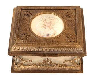 19th Century French Gilt Bronze and Glass Jewelry Casket with Portrait Miniature