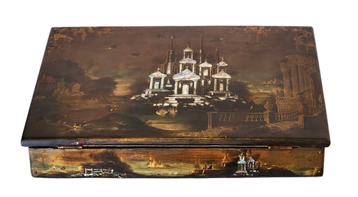 19th Century English Papier- Maché Writing Slope with Mother-of-Pearl and Gilt Chinoiserie, c.1850