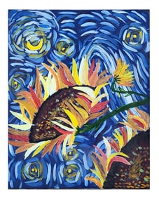 Oil on Canvas – “Sunflowers Under a Starry Sky,?? Unsigned – Mystery Artist