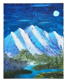 Oil on Canvas – Moonlit Mountain Landscape, Unsigned – Mystery Artist