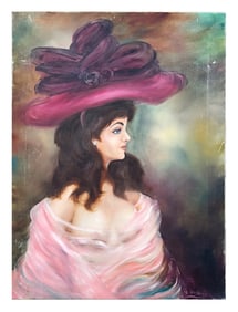 G. Whitney – Portrait of a Lady in Pink Hat, Oil on Canvas