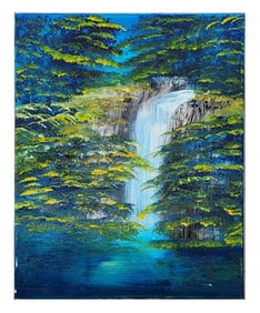 Oil on Canvas – Waterfall in Forest, Unsigned – Mystery Artist