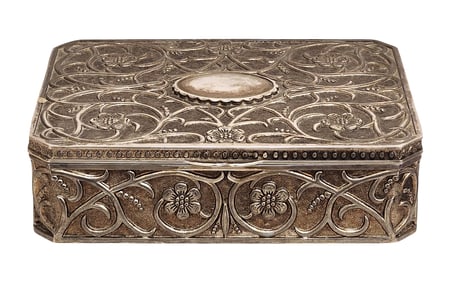 Antique Silver-Plated Floral Relief Box with Velvet Lining, c.1900