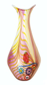 Murano Style Art Glass Vase – Pink, Yellow, and Millefiori Accents