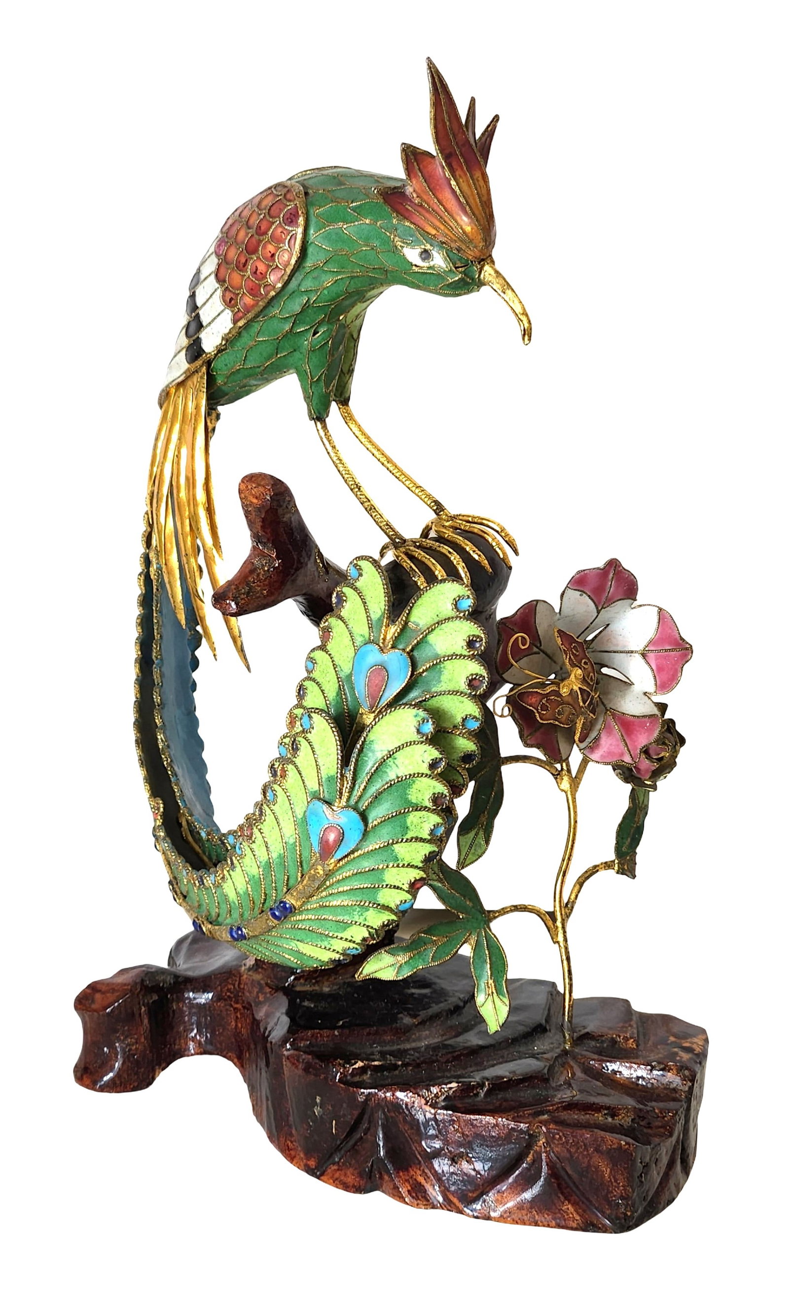 Chinese Cloisonné Phoenix Bird Sculpture on Hardwood Base: A striking Chinese cloisonné enamel sculpture of a phoenix perched on a flowering branch. This meticulously handcrafted piece features vibrant enameling in green, blue, red, and gold tones, with exqu
