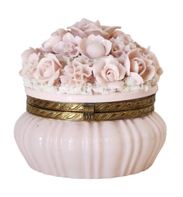 Vintage Pink Porcelain Floral Trinket Box with Gilt Metal Mount
